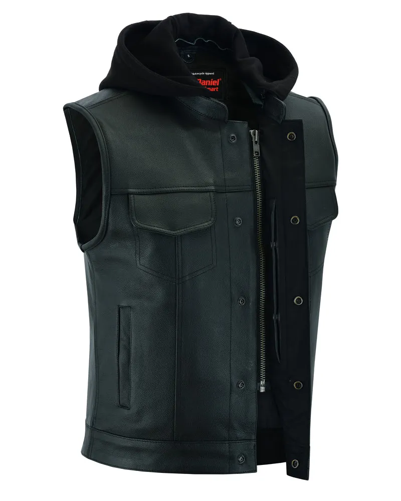 DS182 Men's Concealed Snaps Removable Hood Leather Vest