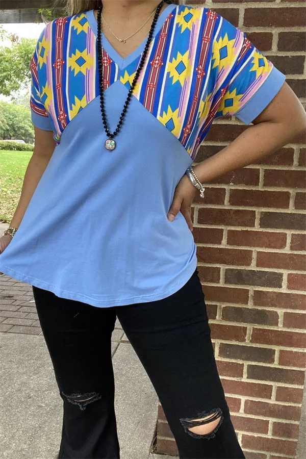 GJQ10633 Multi color printed Aztec blue color block V-neckline short sleeve women tops