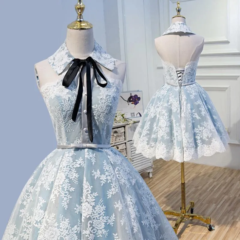 Halter Light Sky Blue Lace Appliques Homecoming Dresses with Lace up Cocktail Dresses H1125