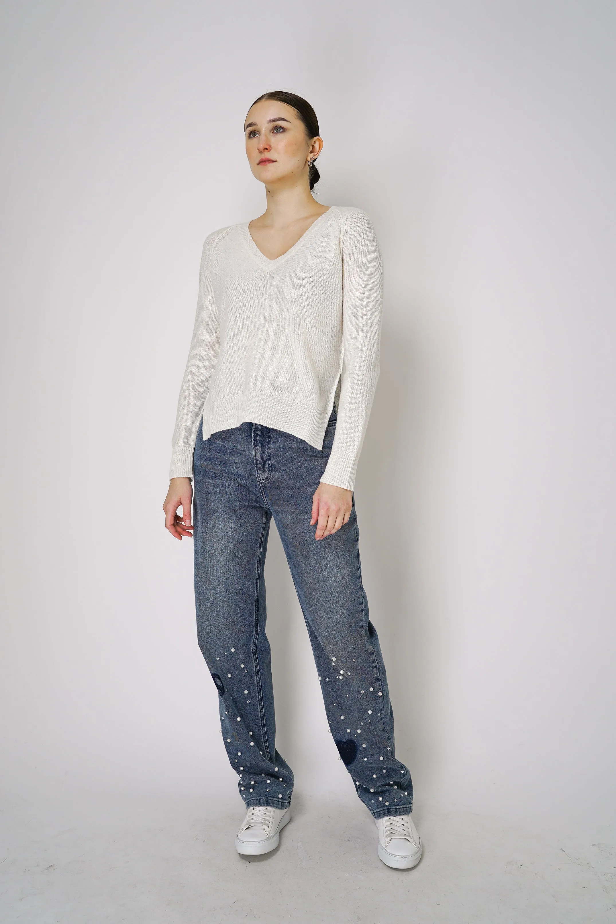 Lorena Antoniazzi Subtle Sparkle Cashmere Blend Knitted Pullover in Off-White