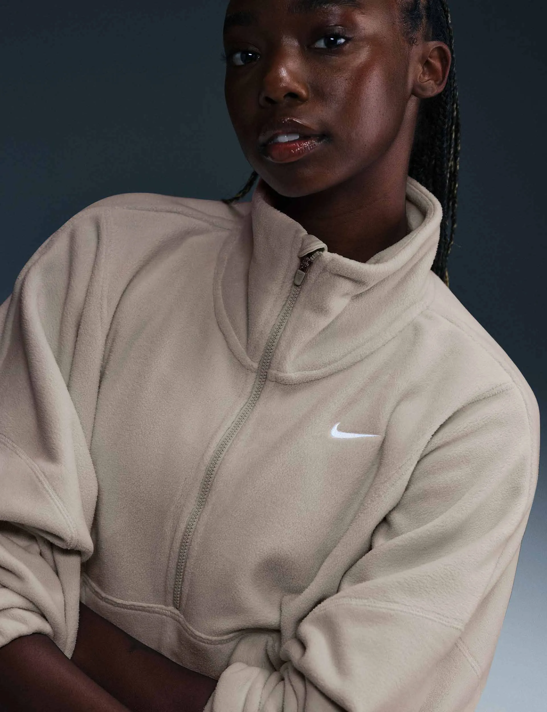 One Oversized 1/2-Zip Fleece Top - Light Orewood Brown/White