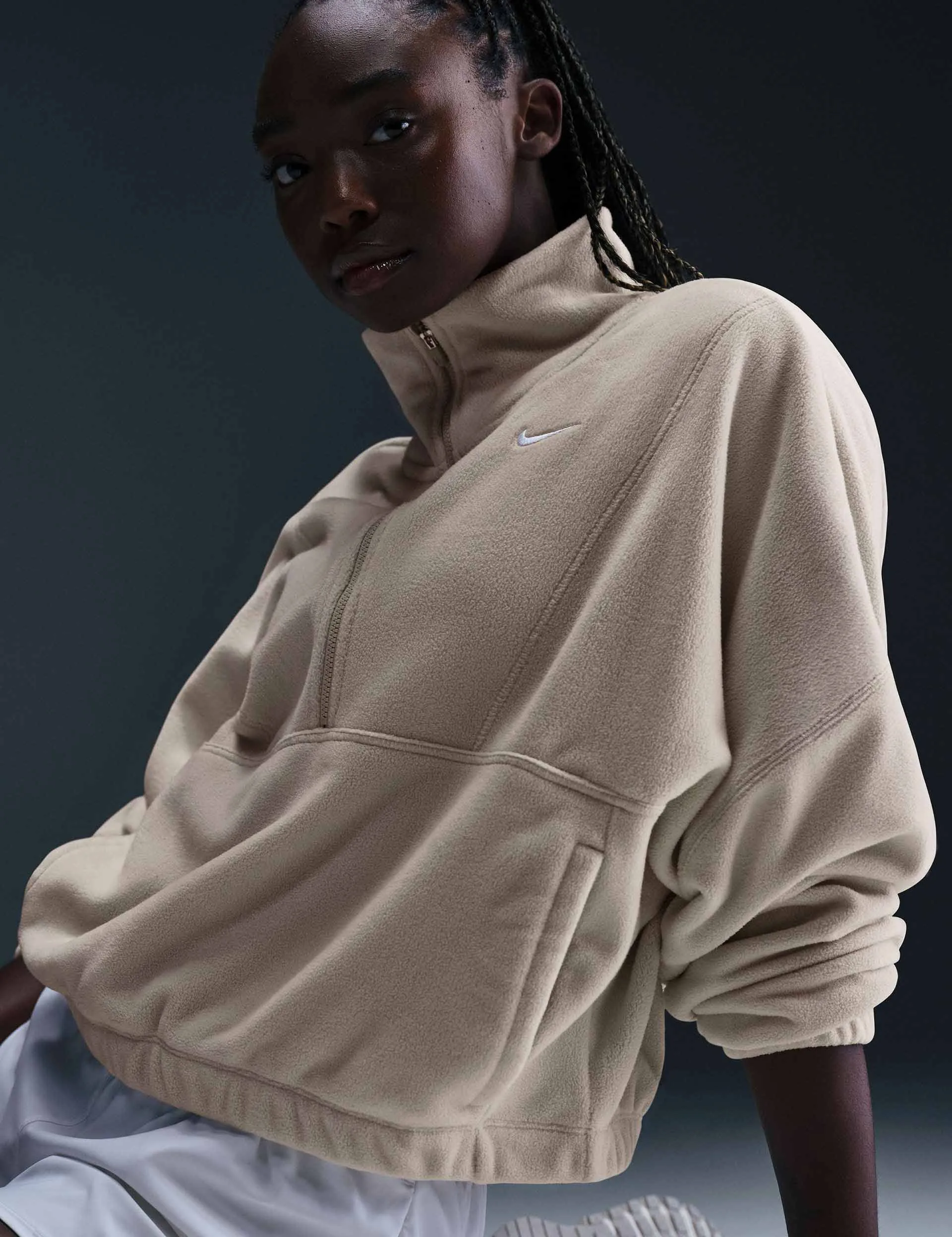 One Oversized 1/2-Zip Fleece Top - Light Orewood Brown/White