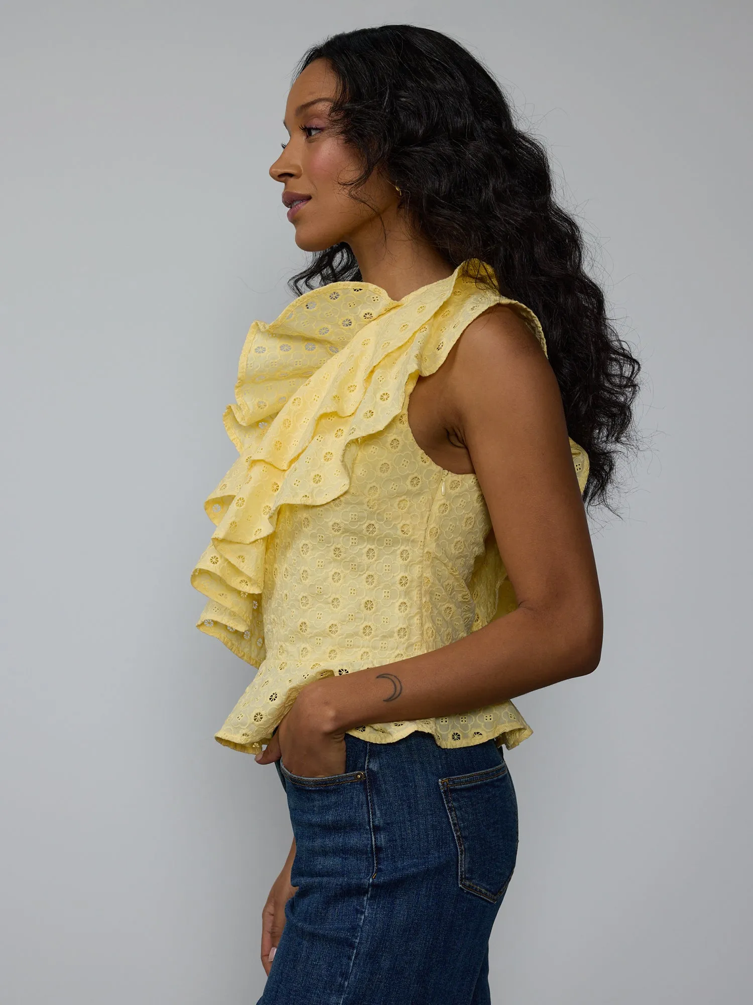 One Shoulder Eyelet Ruffle Tank Top