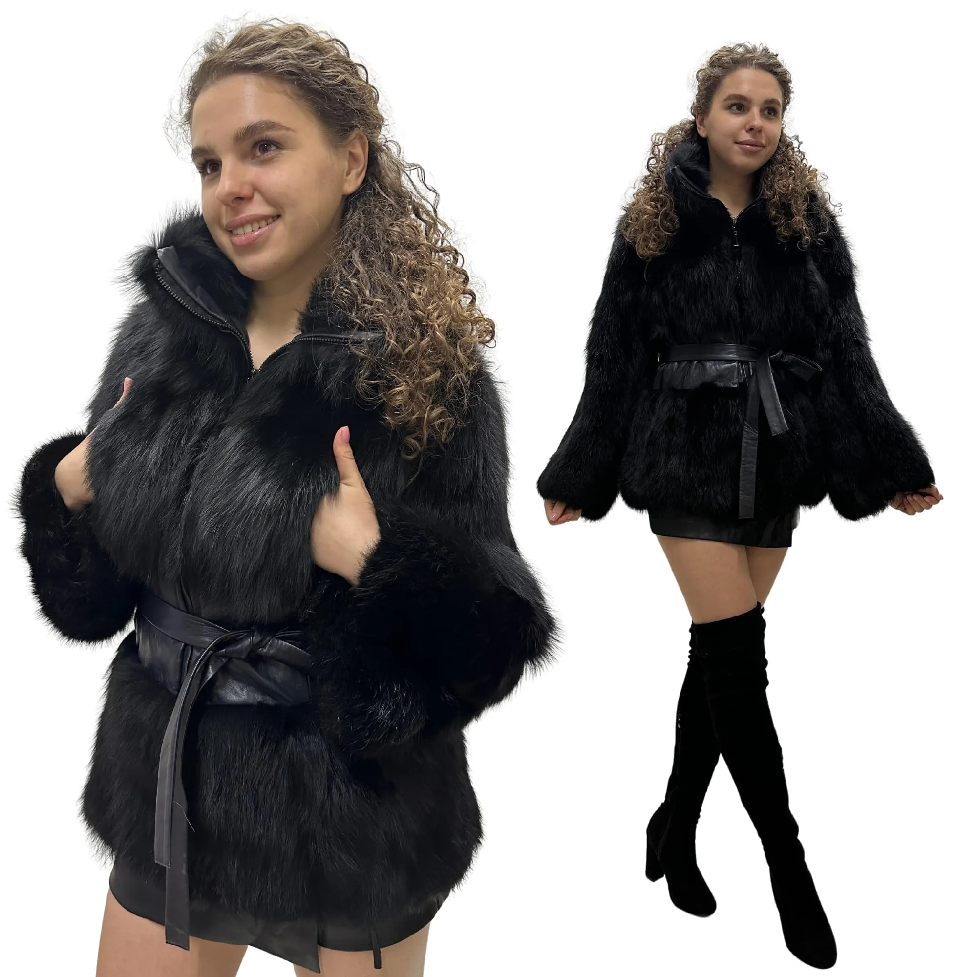 Women's Black Fox Fur and Genuine Leather Coat with Zipper and Belt – Elegant and Luxurious (S)