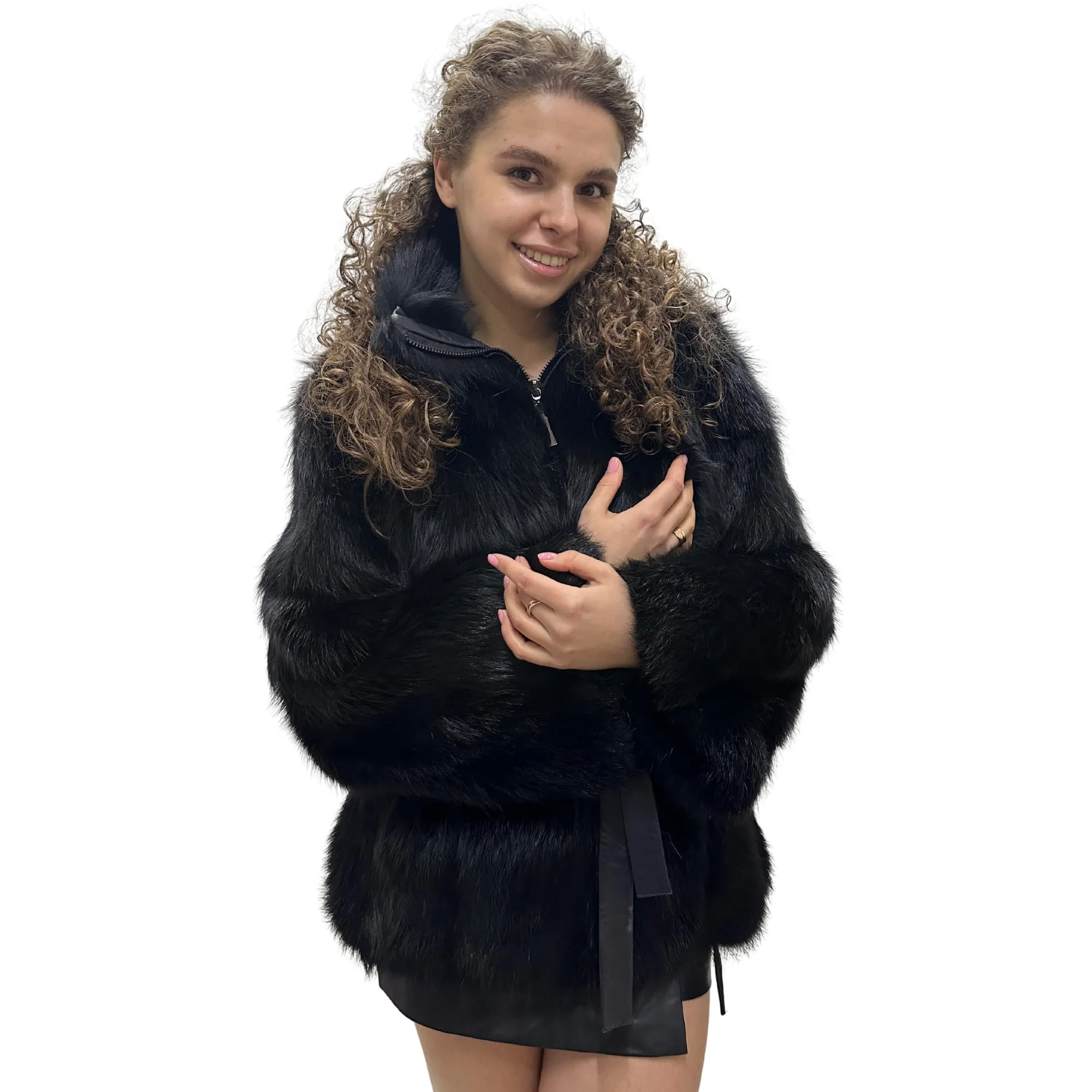 Women's Black Fox Fur and Genuine Leather Coat with Zipper and Belt – Elegant and Luxurious (S)