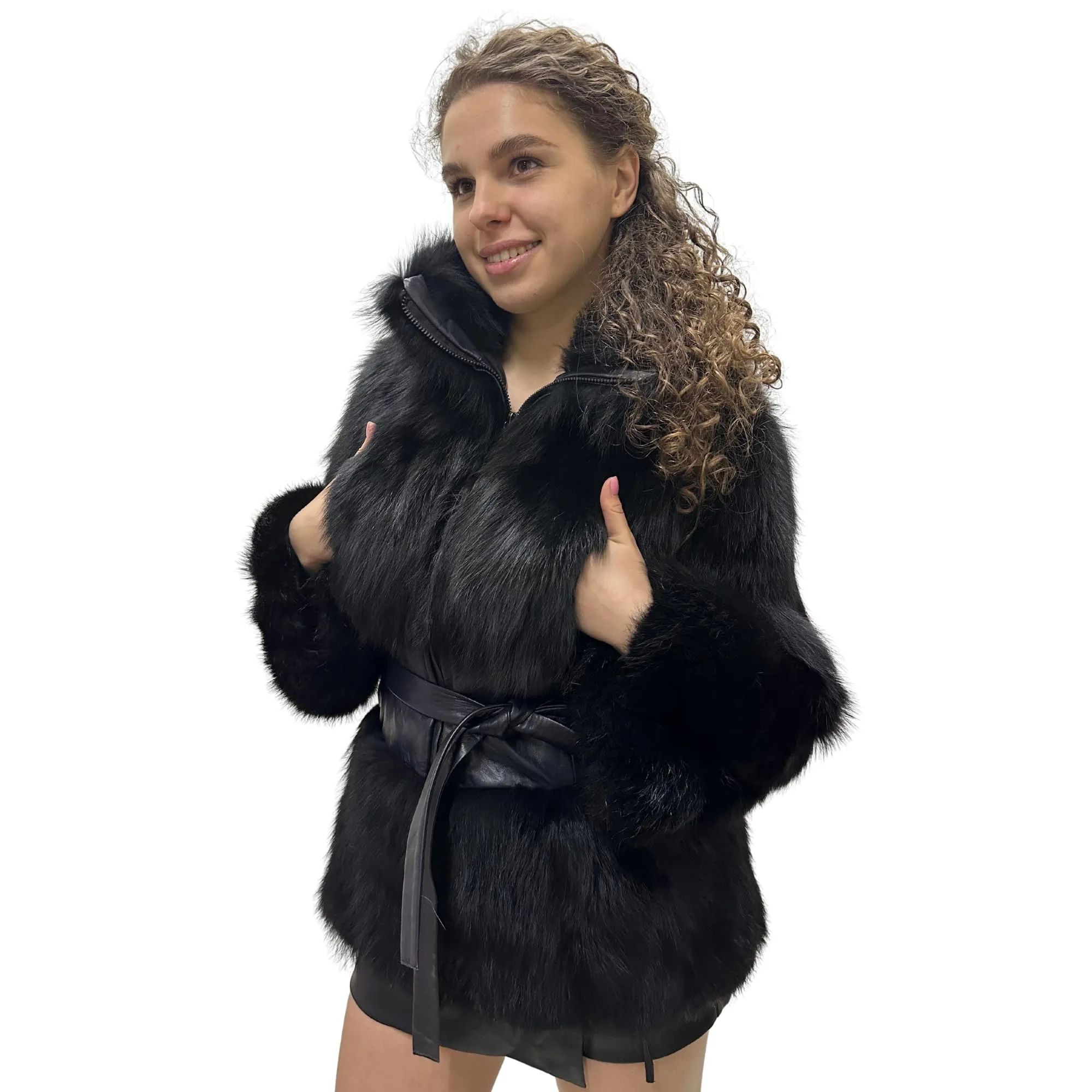 Women's Black Fox Fur and Genuine Leather Coat with Zipper and Belt – Elegant and Luxurious (S)