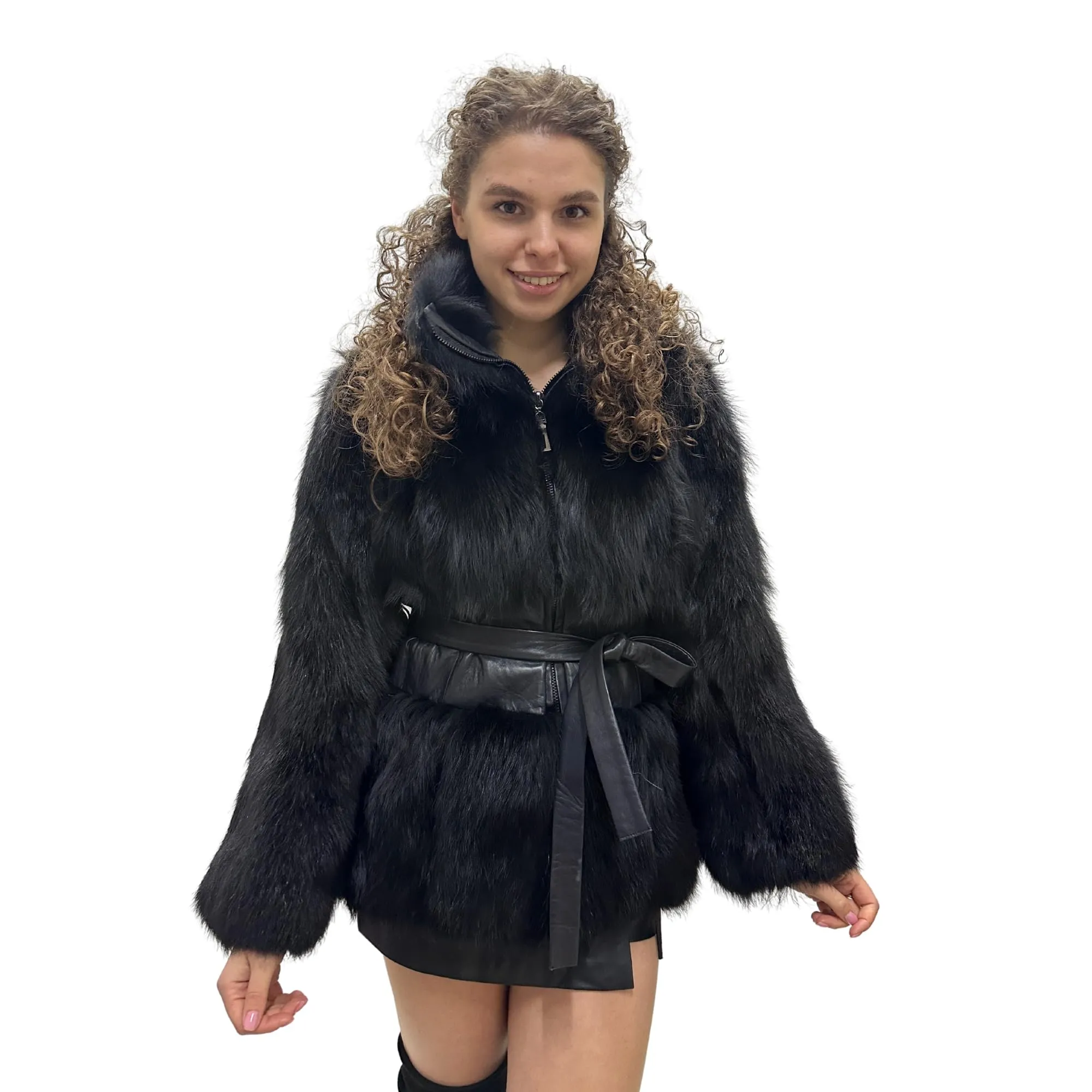 Women's Black Fox Fur and Genuine Leather Coat with Zipper and Belt – Elegant and Luxurious (S)