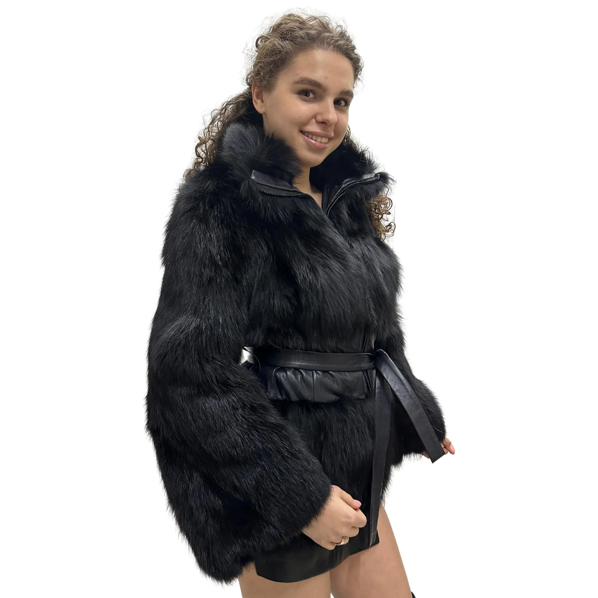 Women's Black Fox Fur and Genuine Leather Coat with Zipper and Belt – Elegant and Luxurious (S)